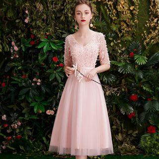 Off-shoulder Flower Applique Midi Bridesmaid Dress