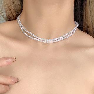 Flower Pendant Layered Faux Pearl Necklace 1pc - Gm1524 - Gold & White - One Size