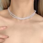 Flower Pendant Layered Faux Pearl Necklace 1pc - Gm1524 - Gold & White - One Size
