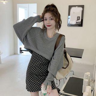 Cropped Sweater / Spaghetti Strap Checkered Mini Sheath Dress