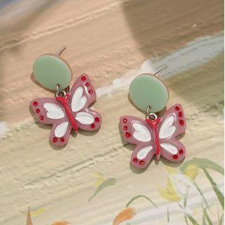 Butterfly Drop Earring 1 Pair - Studded Earring - Green Oval & Butterfly - White & Light Red - One Size