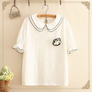 Floral Embroidered Collared Short-sleeve Top