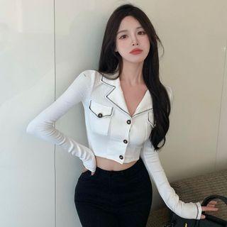 Long-sleeve Open-collar Button-up Fitted Crop Top