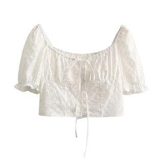 Short-sleeve Drawstring Floral Crop Top