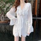 Lace Up Ruffle Long-sleeve Shift Dress White - One Size