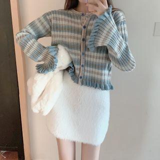 Striped Cropped Cardigan / Furry Mini Pencil Skirt