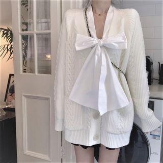 V-neck Cable-knit Cardigan / Ribbon Blouse
