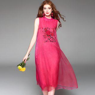 Sleeveless Embroidery Silk Midi Dress