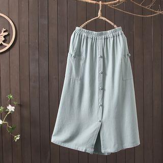 Frog Buttoned Midi A-line Skirt