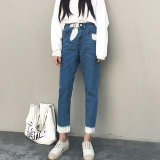 Color Block Fray Hem Straight Cut Jeans