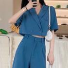 Set: Short-sleeve Double-breasted Cropped Blazer + Shorts