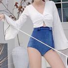 Bell-sleeve Twisted Paneled Swimsuit