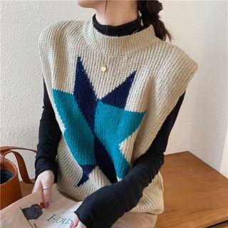 Mock-turtleneck Long-sleeve Top / Printed Knit Vest