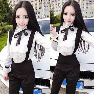 Set: Ruffle Trim Blouse + Suspender Pants White & Black - One Size