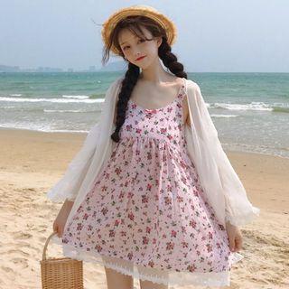 Flower Printed A-line Pinafore Dress+ Chiffon Light Jacket