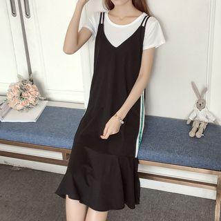 Set: Short-sleeve T-shirt + Striped Mermaid Pinafore Dress