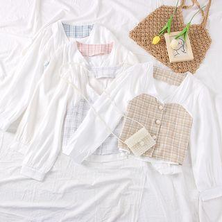 Patchwork V-neck Crop Shirt