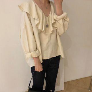 V-neck Ruffle Blouse Beige - One Size