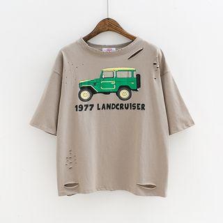 Car Print Ripped Short Sleeve T-shirt