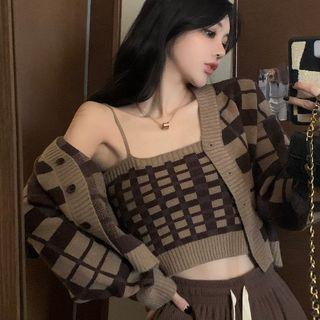 Set Of 2: Plaid Camisole Top & Plaid Cropped Cardigan Set Of 2: Cardigan & Top - Plaid - Coffee & Brown - One Size
