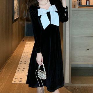 Long-sleeve Ribbon Velvet Midi A-line Dress