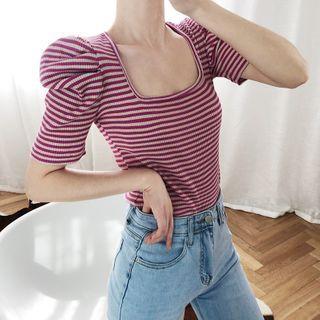 Striped Puff-sleeve Square-neck T-shirt