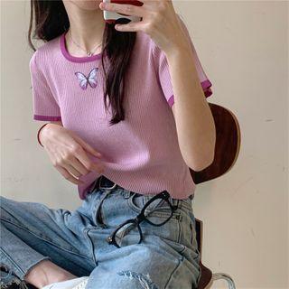 Contrast Trim Butterfly Printed Knit Top