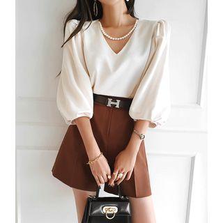 Faux-pearl Trim Balloon-sleeve Silky Blouse