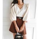 Faux-pearl Trim Balloon-sleeve Silky Blouse