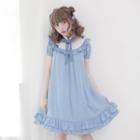 Short-sleeve Bow Accent Ruffle Trim Dress