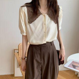 Puff-sleeve Lace Collared Blouse
