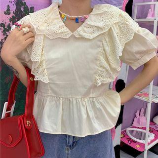Puff-sleeve Lace Trim Peplum Blouse Almond - One Size