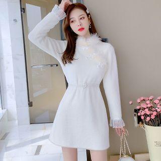 Long-sleeve Furry Trim A-line Dress