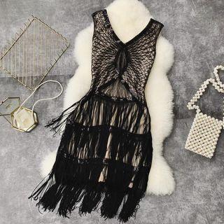 Sleeveless Sequined Fringed Midi Sheath Dress