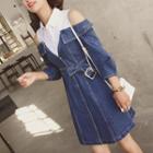 Cut Out Shoulder Collared 3/4 Sleeve Denim Dress