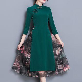 Print Panel Long-sleeve Stand-collar Dress