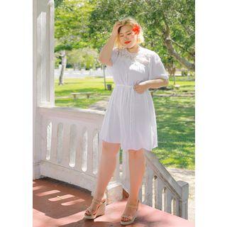Plus Size - Lace-yoke Shirred Dress With Cord