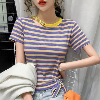 Striped Cutout Tie-hem T-shirt
