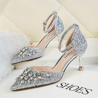 Rhinestone Sequined Ankle Strap High-heel Pumps