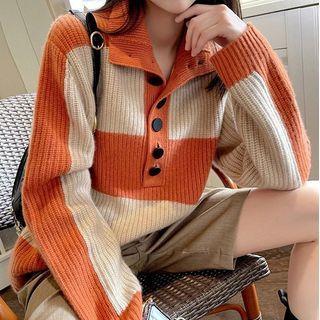 Polo-neck Two-tone Ribbed Sweater