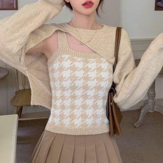 Set: Houndstooth Knit Tank Top + Asymmetrical Shrug