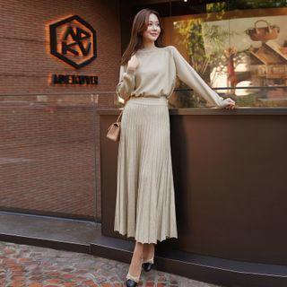 Knit Set: Raglan Sweater + Long Pleated Skirt