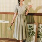 Short-sleeve Lace Ruffle Plaid Midi A-line Dress