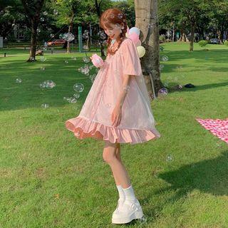 Elbow-sleeve Color Block Paneled Frill Trim Buttoned Dress