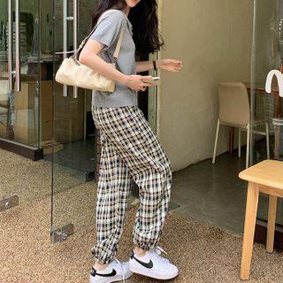 Short-sleeve Knit Polo Shirt / Plaid Harem Pants