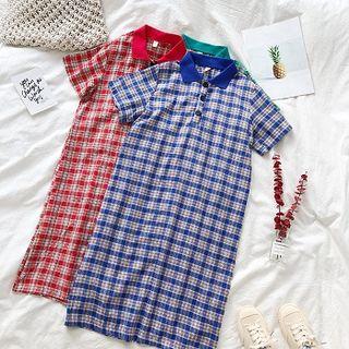 Color-block Plaid Collared Dress