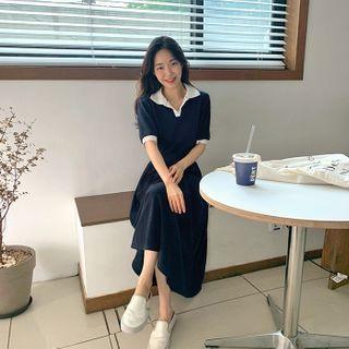 Contrast-collar Long Flare Dress