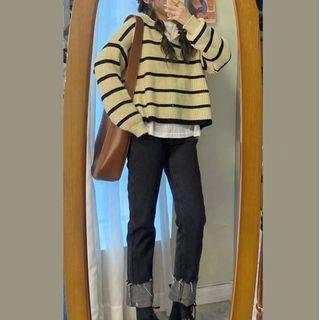 Striped Sweater / Straight-leg Jeans / Long-sleeve T-shirt / Set