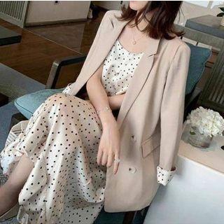 Double-breasted Blazer / Spaghetti Strap Midi Dotted Dress / Set