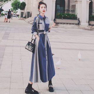 Long-sleeve Two Tone Midi Shirt Dress